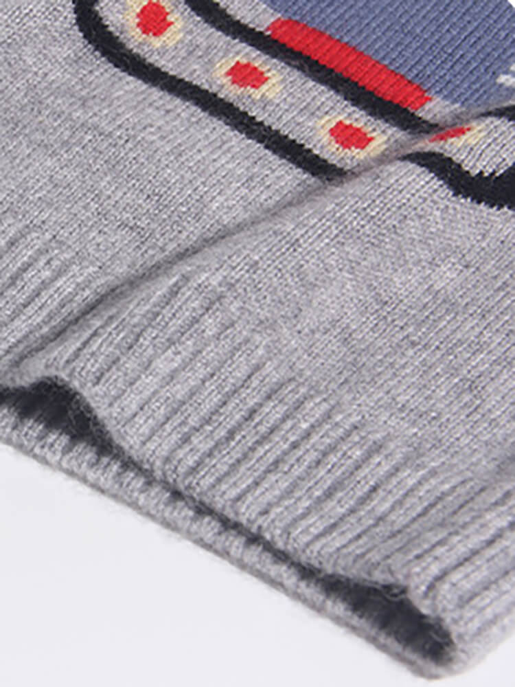 Boys Fun Excavator Knit Pattern 100% Cashmere Crew Neck Sweater